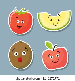 Smiling fresh tomato, melon, kiwi, aplle fruit organic design template. Fruit concept vector illustration