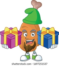 A smiling fried chicken cartoon design having Christmas gifts