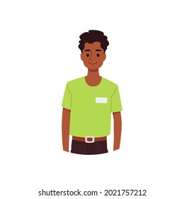 Smiling friendly african american waiter or fast food cafe worker, seller man in uniform shirt with badge, flat vector illustration isolated on white background.