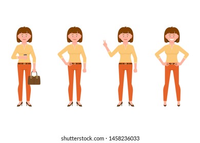 Smiling, friendly, brown hair young office woman in orange pants vector illustration. Drinking coffee, shoving victory sign front view standing girl cartoon character set