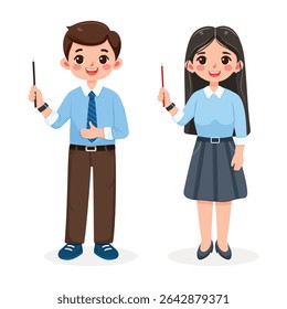 Homem de negócios e mulher sorridente e amigável com lápis apontador. Professor de pé sobre fundo branco. Caráter de idade diferente e multinacionais. Ilustração vetorial em estilo de desenho animado plano