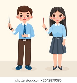 Homem de negócios e mulher sorridente e amigável com lápis apontador. Professor de pé sobre fundo claro. Caráter de idade diferente e multinacionais. Ilustração vetorial em estilo de desenho animado plano