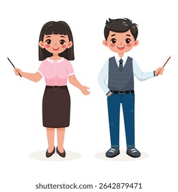 Homem de negócios e mulher sorridente e amigável com lápis apontador. Professor de pé sobre fundo branco. Caráter de idade diferente e multinacionais. Ilustração vetorial em estilo de desenho animado plano