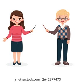 Homem de negócios e mulher sorridente e amigável com lápis apontador. Professor de pé sobre fundo branco. Caráter de idade diferente e multinacionais. Ilustração vetorial em estilo de desenho animado plano