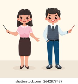 Homem de negócios e mulher sorridente e amigável com lápis apontador. Professor de pé sobre fundo claro. Caráter de idade diferente e multinacionais. Ilustração vetorial em estilo de desenho animado plano