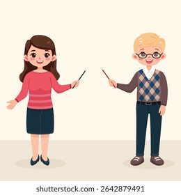 Homem de negócios e mulher sorridente e amigável com lápis apontador. Professor de pé sobre fundo claro. Caráter de idade diferente e multinacionais. Ilustração vetorial em estilo de desenho animado plano