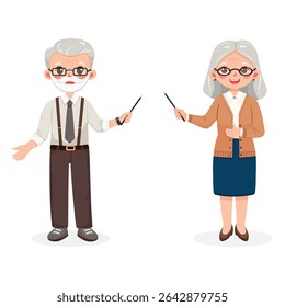 Smiling, friendly business man and woman, female and male senior professor, with pointer pencil. Teacher standing on white background. Vector illustration in flat cartoon style