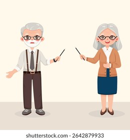 Smiling, friendly business man and woman, female and male senior professor, with pointer pencil. Teacher standing on light background. Vector illustration in flat cartoon style