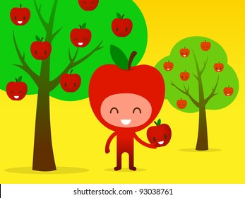 A Smiling Friendly Cartoon Character Apple Picking Fruit In An Apple Orchard, Illustration.