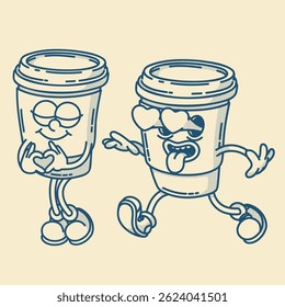 Smiling friendly coffe to go character mascot in shoes. Coffee shop mascot symbol. Heart and love