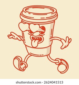 Smiling friendly coffe to go character mascot in shoes. Coffee shop mascot symbol. Heart and love
