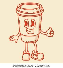 Smiling friendly coffe to go character mascot in shoes. Coffee shop mascot symbol. Hands up, finger up