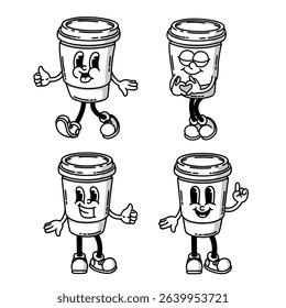 Smiling friendly coffe to go character mascot in shoes set. Coffee shop mascot symbol. Hands up, finger up