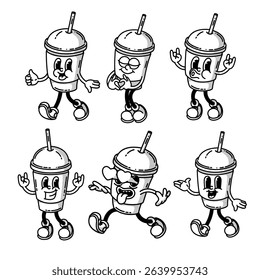 Smiling friendly coffe to go character mascot in shoes set. Coffee shop mascot symbol. Hands up, finger up