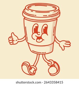 Smiling friendly coffe to go character mascot in shoes. Coffee shop mascot symbol. Hands up, finger up
