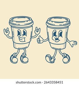 Smiling friendly coffe to go character mascot in shoes. Coffee shop mascot symbol. Hands up, finger up