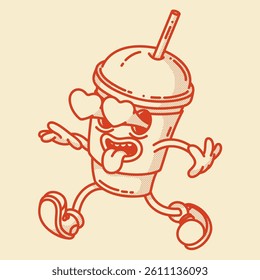 Smiling friendly coffe to go with straw character mascot in shoes. Coffee shop mascot symbol. Heart love gesture