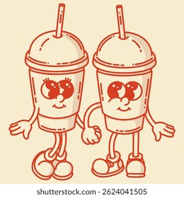 Smiling friendly coffe to go with straw character mascot in shoes. Coffee shop mascot symbol. Couple in love