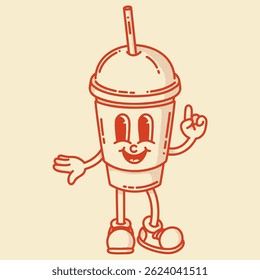 Smiling friendly coffe to go with straw character mascot in shoes. Coffee shop mascot symbol. Finger up
