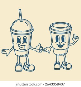 Smiling friendly coffe to go with straw character mascot in shoes. Coffee shop mascot symbol. Finger up, hand up