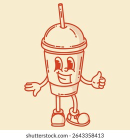 Smiling friendly coffe to go with straw character mascot in shoes. Coffee shop mascot symbol. Finger up
