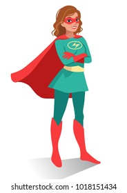Smiling friendly confident young Caucasian woman in superhero costume and mask standing with folded arms. Vector cartoon character illustration in flat contemporary style isolated on white background.