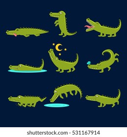 Smiling Friendly Crocodile Cartoon Character And Its Everyday Wild Animal Activities Set Of Illustrations
