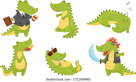 Smiling Friendly Crocodile Drinking Cocktail and Wearing Pirate Costume Vector Set