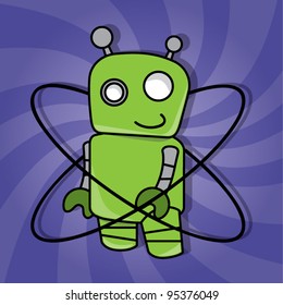 Smiling friendly green atomic robot toy on dynamic background, vector illustration