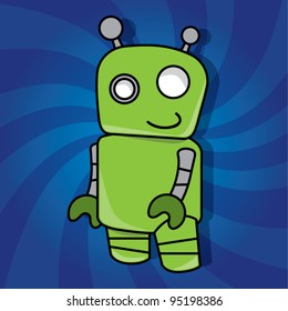 Smiling friendly green robot toy on dynamic background, vector illustration