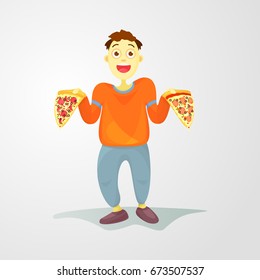 Smiling and friendly guy with slices of pizza in his hands. Object for the party. In the cartoon style.
