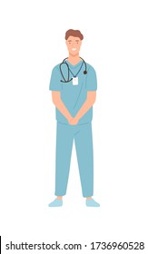 Smiling friendly guy surgeon standing in medical uniform vector flat illustration. Colorful young male doctor wearing stethoscope isolated on white background. Positive man professional physician