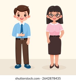 Smiling and friendly multinational people in casual office clothes. Characters of different nationalities, woman and man, stand on light background. Vector illustration in flat cartoon style
