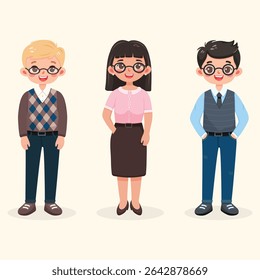 Smiling and friendly multinational people in casual office clothes. Characters of different nationalities, woman and man, stand on light background. Vector illustration in flat cartoon style
