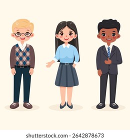 Smiling and friendly multinational people in casual office clothes. Characters of different nationalities, woman and man, stand on light background. Vector illustration in flat cartoon style