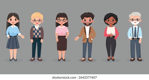 Smiling, friendly multinational people of different ages and office clothes. Characters of different nationalities, woman and man, stand on grey background. Vector illustration in flat cartoon style