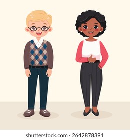 Smiling, friendly multinational people of different ages and casual clothes. Characters of different nationalities, woman and man, stand on light background. Vector illustration in flat cartoon style