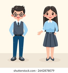 Smiling, friendly multinational people in grey and blue office clothes. Characters of different nationalities, woman and man, stand on light background. Vector illustration in flat cartoon style