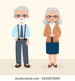 Smiling, friendly old people in office clothes. Characters of different nationalities, woman and man, stand on light background. Vector illustration in flat cartoon style