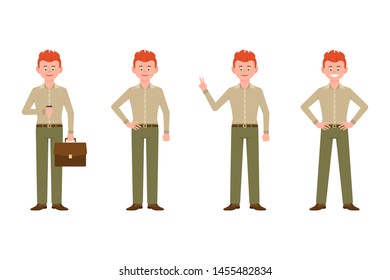 Smiling, friendly, red hair young office man in green pants vector illustration. Drinking coffee, shoving victory sign front view standing boy cartoon character set