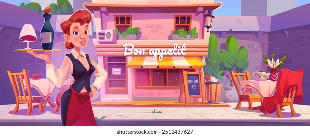 Smiling friendly woman waitress with wine bottle and glass on tray standing outdoor near chairs and tables on pedestrian. Cartoon vector city street cafe facade with window and entrance door.