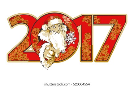 Smiling friendly young man in costume of Santa Claus pointing finger at the viewer and the inscription numbers 2017