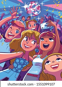 Smiling friends dancing and take a selfie in club. Party, nightlife, holidays, celebration. Funny cartoon character. Vector illustration