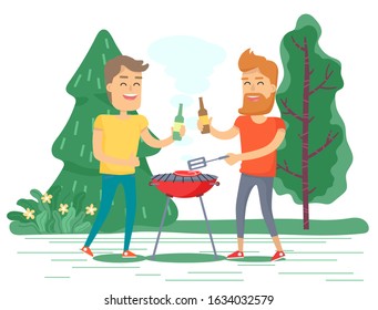 Smiling friends drinking and frying steak on grill outdoor. People on camping or hiking tour cooking meat on barbecue near green trees. Leisure of males characters preparing meat in forest vector