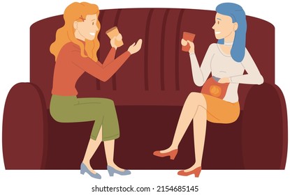 Smiling friends drinking tea at home Happy women laughing and gossiping sit on comfortable couch. People spending time together having friendly conversation. Female characters relax and communicate