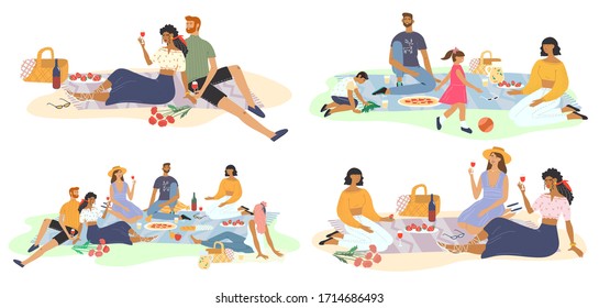 Smiling friends and family relaxing at picnic in the park. Happy men and women, children drinking and eating food on lawn. Group of stylish people having lunch with nature landscape view on background