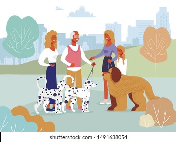 Smiling Friends Meeting in City Park on Walk with Pets Cartoon. Happy Old Man with Adult Daughter and Two Dalmatians. Friendly Mother with Girl and Big Shaggy Dog. Vector Natural Illustration