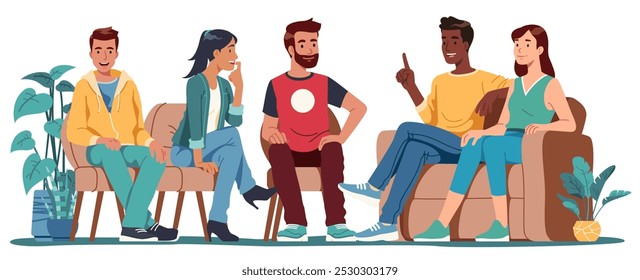 Smiling friends meeting talking together. Cheerful young men, women persons chatting communicating socializing sitting at home. Communication, conversation, discussion flat vector illustration