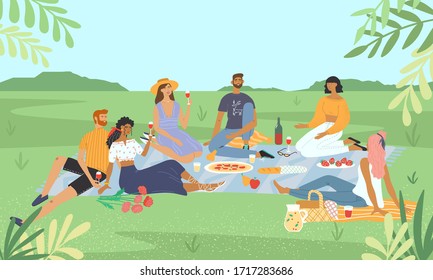 Smiling friends relaxing at a picnic in the park. Happy men and women drinking wine and eating food on lawn. Group of stylish people having lunch with nature landscape view on the background