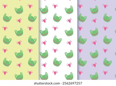 Smiling frog faces and pink hearts in repeat pattern. Hand-drawn playful doodle style. Designed for kids' textiles, wallpapers, and wrapping paper. Vector flat seamless illustration.
